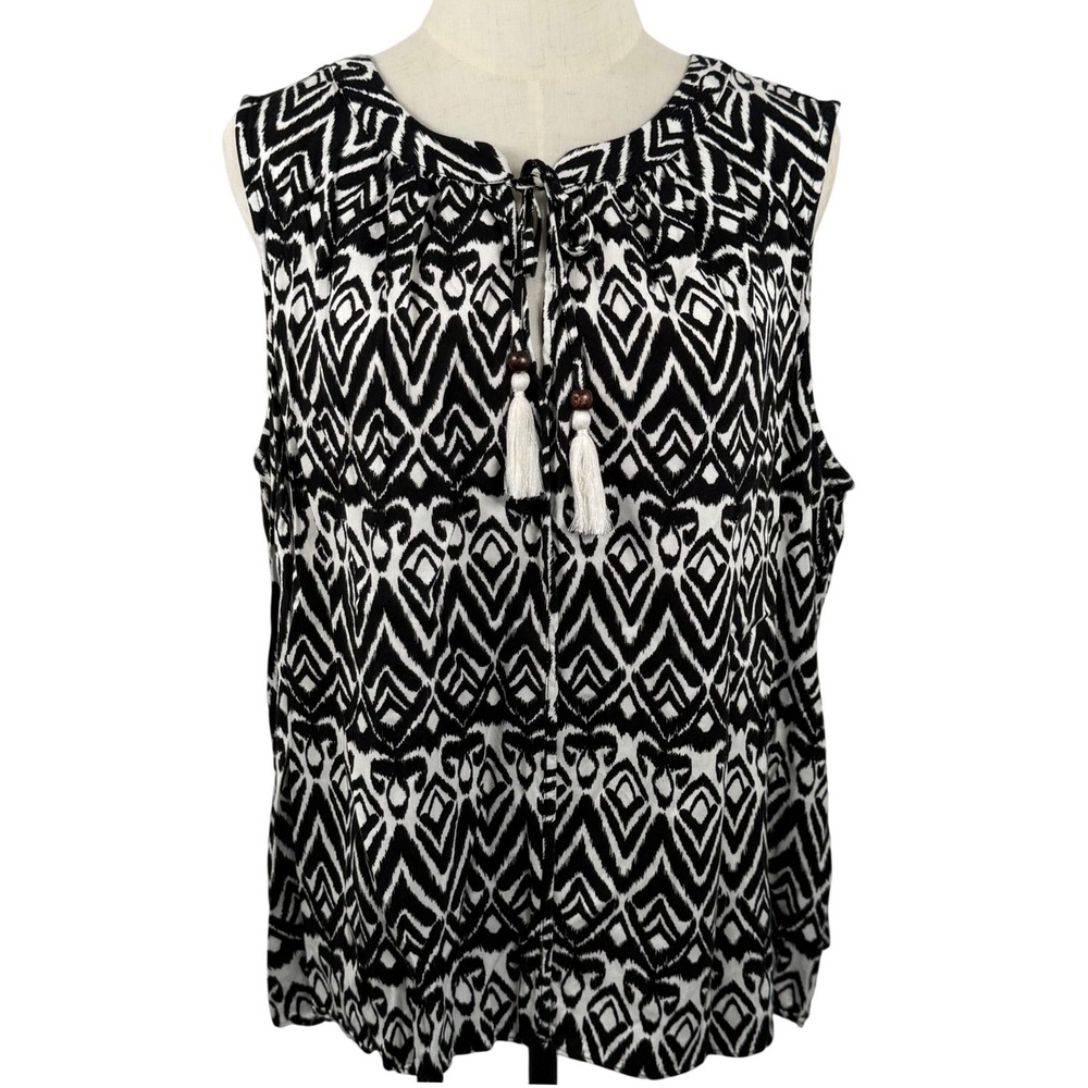 Sleeveless Tunic‎ L Peasant Blouse Black White Ikat Tassel Boho Resort Festival
